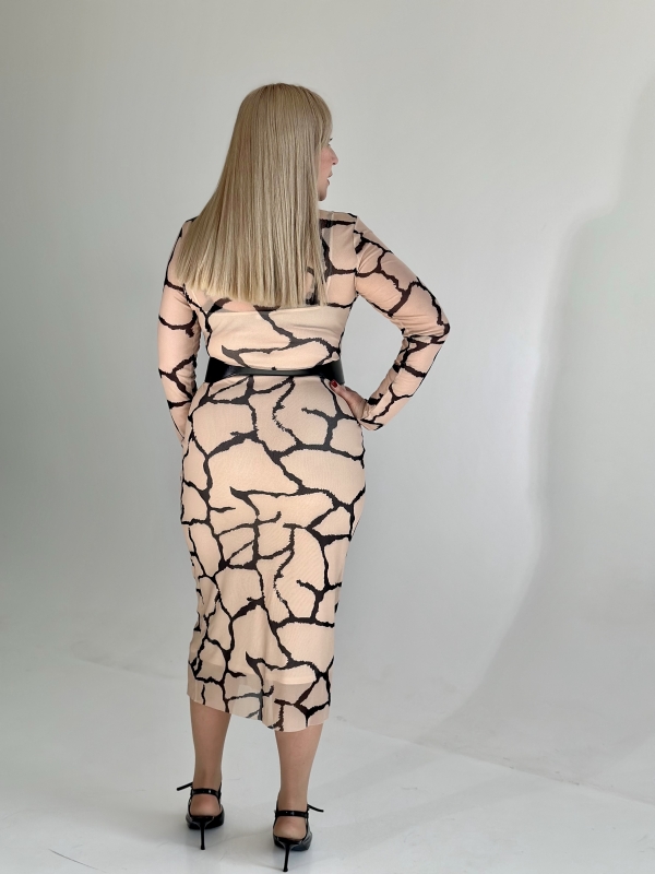 Платье сетка вечернее эротическое бежевое с чёрным узором