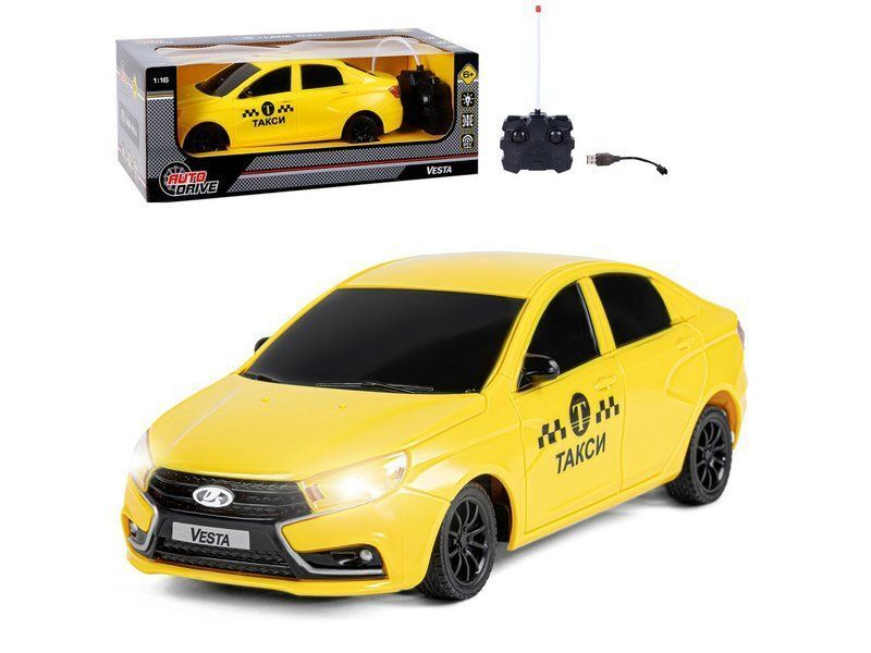 Радиоуправляемая машина AUTODRIVE Lada Vesta такси, 1/16, желтый, 40MHz, в/к 35*16,5*12,5см