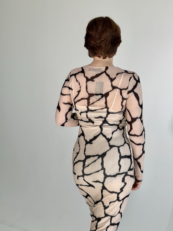 Платье сетка вечернее эротическое бежевое с чёрным узором 46