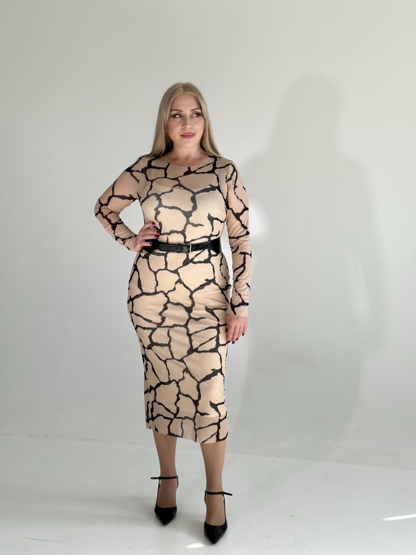 Платье сетка вечернее эротическое бежевое с чёрным узором 48