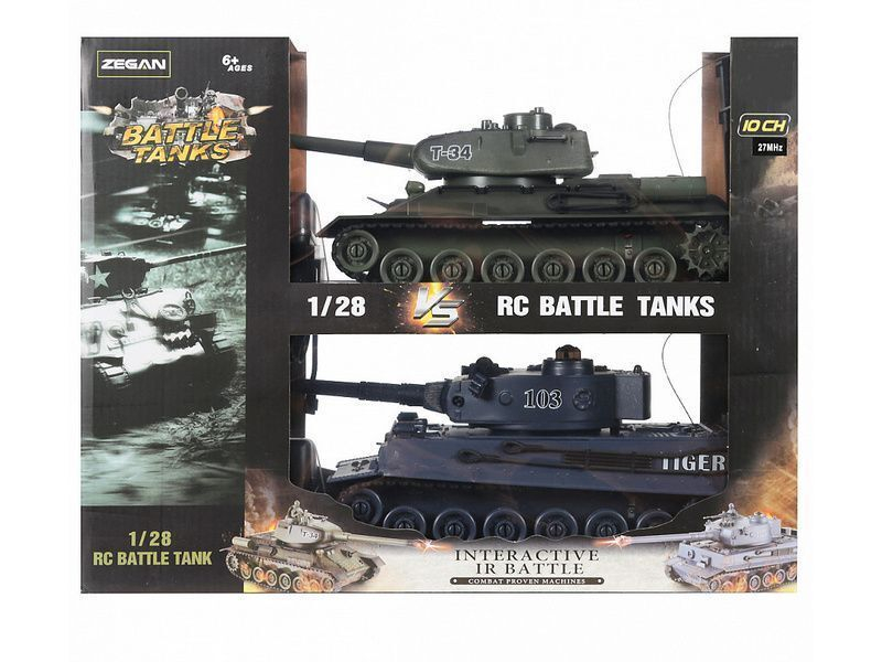 Радиоуправляемый танковый бой Zegan 99824 Русский Т34 и Немецкий Tiger, 1/28, 27Mhz, 40Mhz