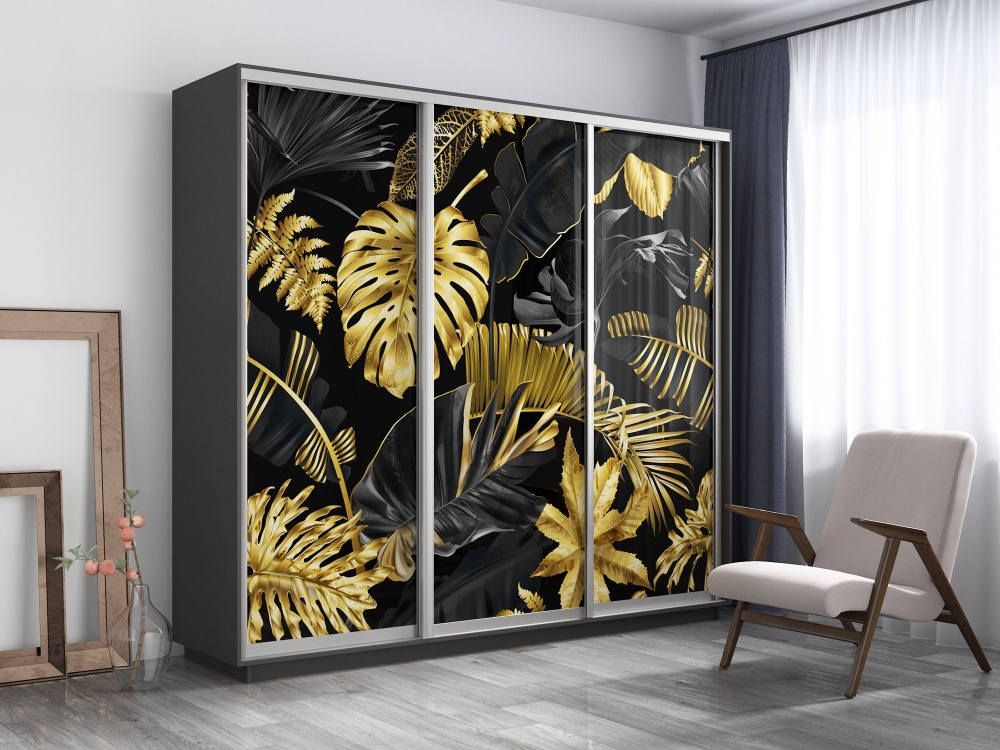 Шкаф-купе Фотопечать 3дв. Листья золото, 180х45х220, Серый диамант