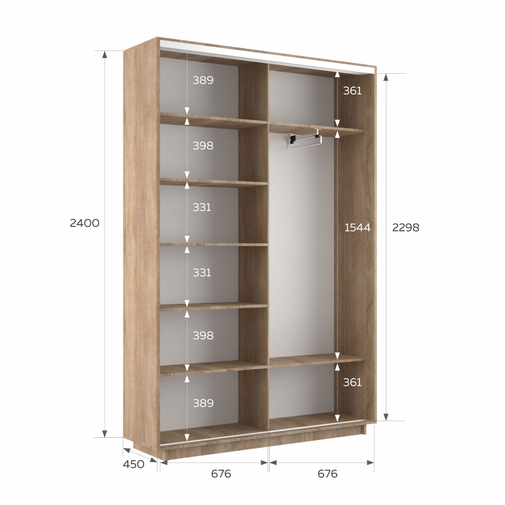 Шкаф-купе Экспресс, 2дв. ДСП/Зеркало, 140х45х240, Сонома