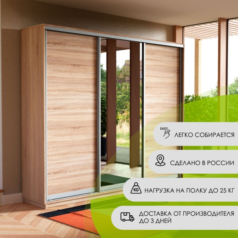 Шкаф-купе Экспресс 3дв. ДСП/Зеркало/ДСП, 180х45х240, Сонома