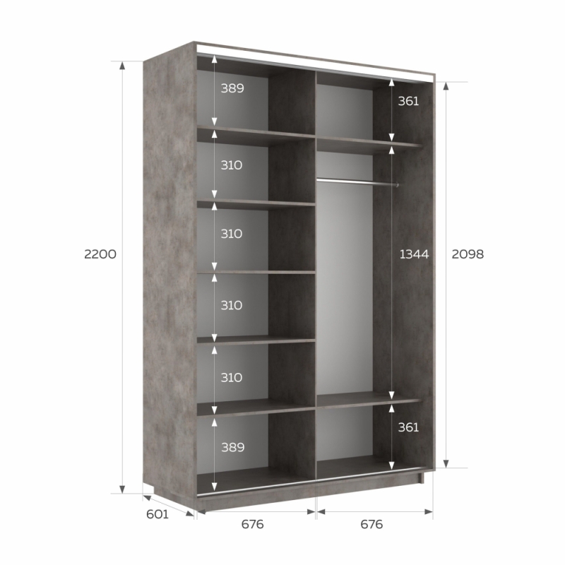 Шкаф-купе Экспресс, 2дв.-Зеркала, 140х60х220, Бетон