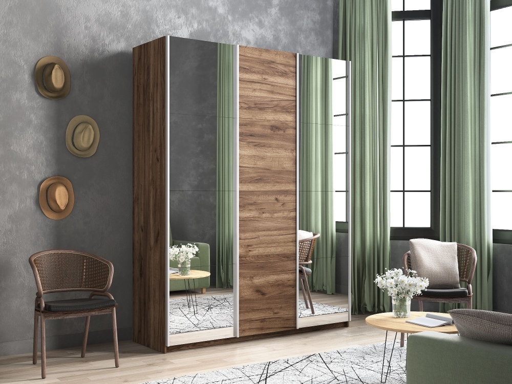 Шкаф-купе Прайм, 3дв. Зеркало/ДСП/Зеркало/доводчики, 210х57х230, Крафт табачный