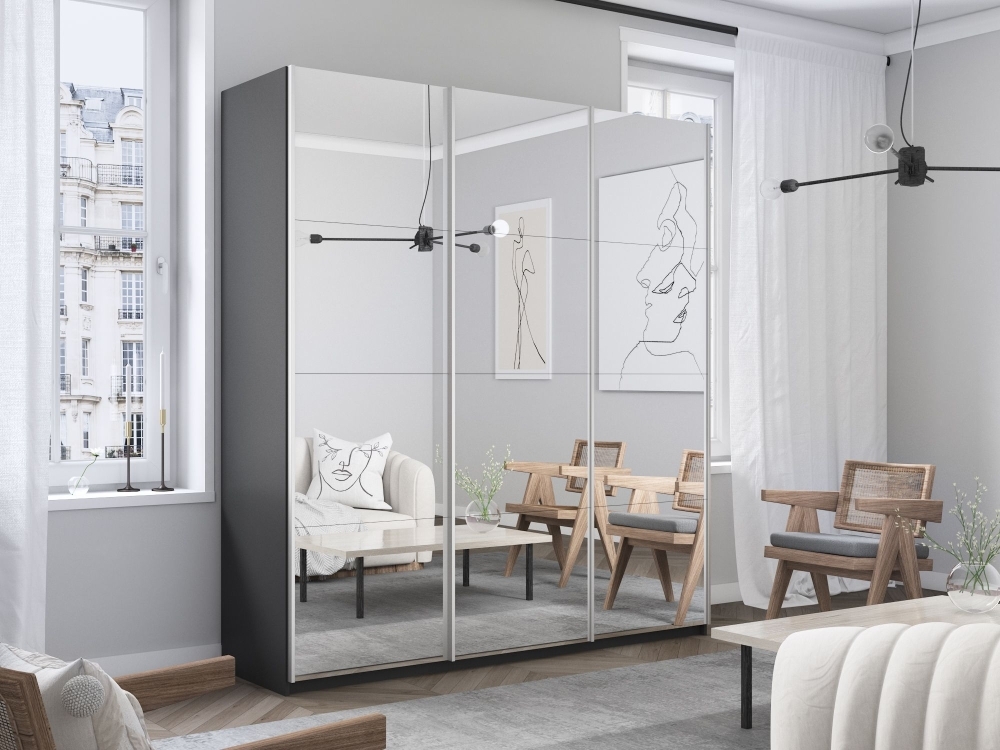 Шкаф-купе Прайм 3дв.-Зеркало/доводчики, 210х57х230, Серый диамант