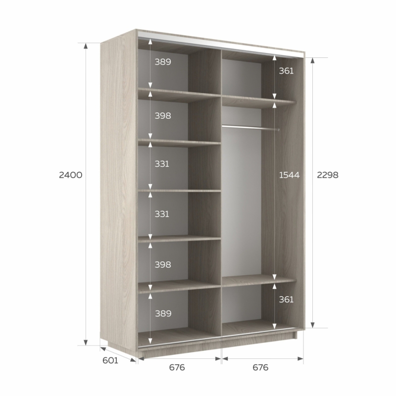 Шкаф-купе Экспресс, 2дв.-Зеркала, 140х60х240, Ясень шимо светлый