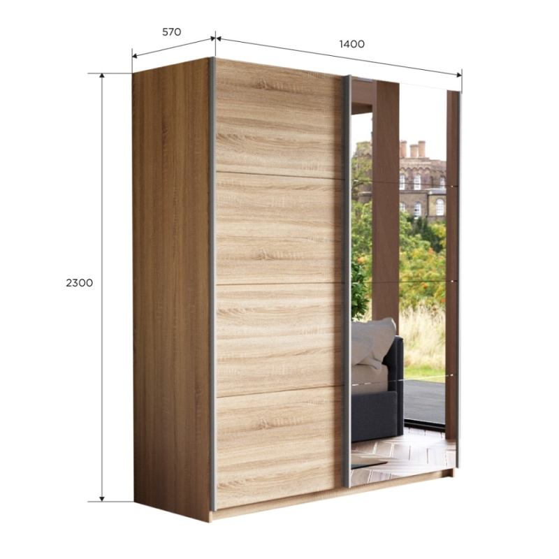 Шкаф-купе Прайм, 2дв. ДСП/Зеркало/доводчики, 140х57х230, Сонома