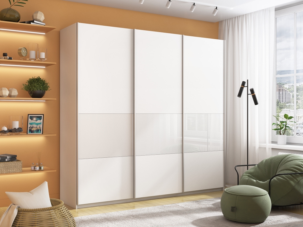 Шкаф-купе Широкий Прайм 3дв. ДСП/Стекло белое/доводчики, 240х57х230, белый стекло белое