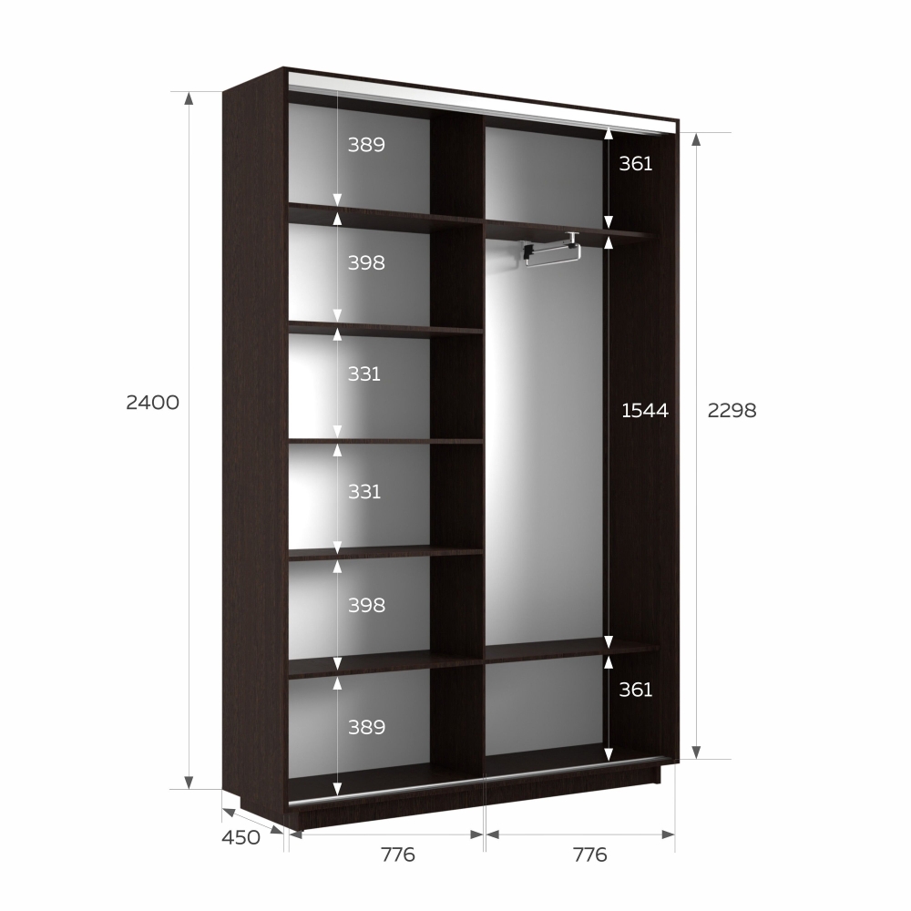 Шкаф-купе Экспресс, 2дв.-Зеркала, 160х45х240, Венге