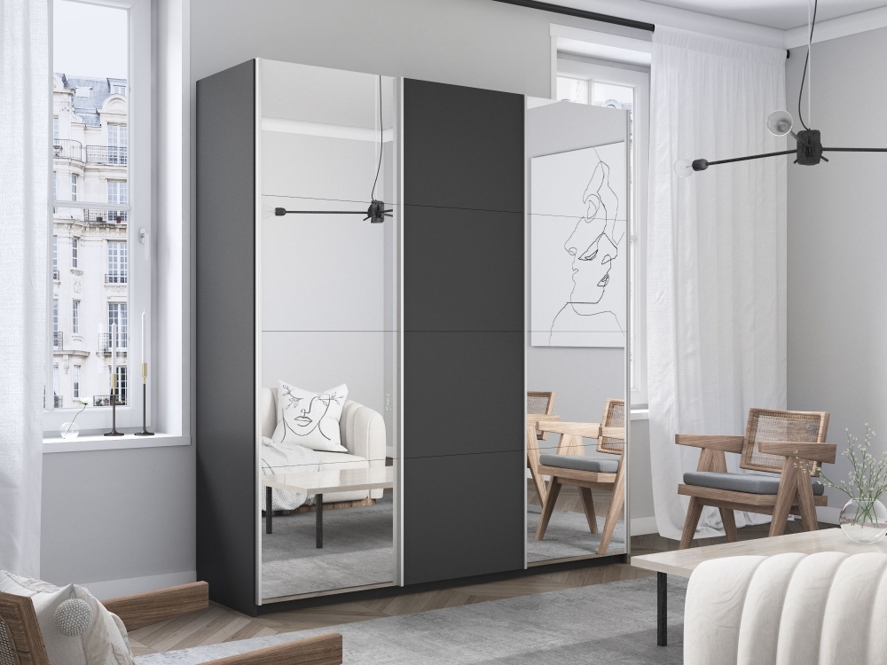 Шкаф-купе Прайм, 3дв. Зеркало/ДСП/Зеркало/доводчики, 210х57х230, Серый диамант