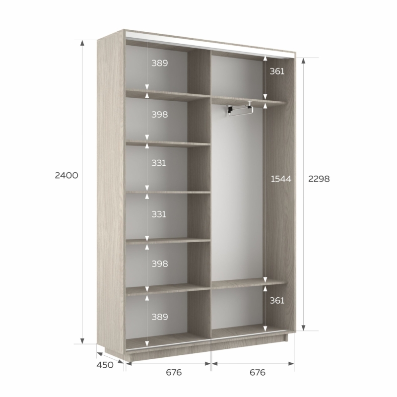 Шкаф-купе Экспресс, 2дв.-Зеркала, 140х45х240, Ясень Шимо светлый