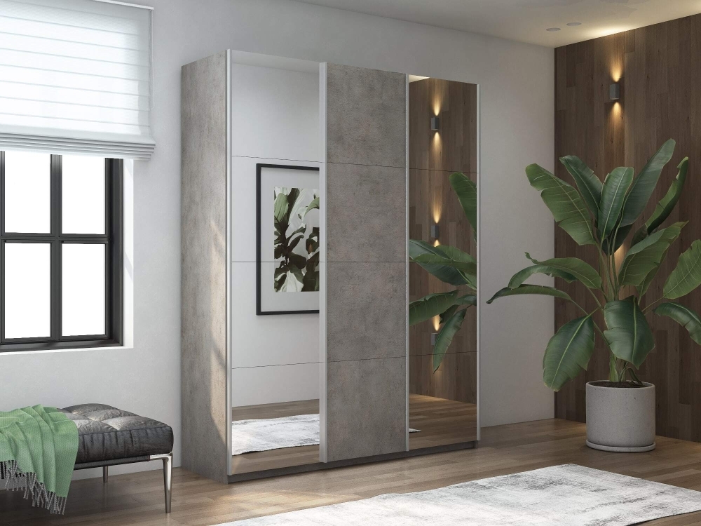 Шкаф-купе Прайм, 3дв. Зеркало/ДСП/Зеркало/доводчики, 180х57х230, Бетон