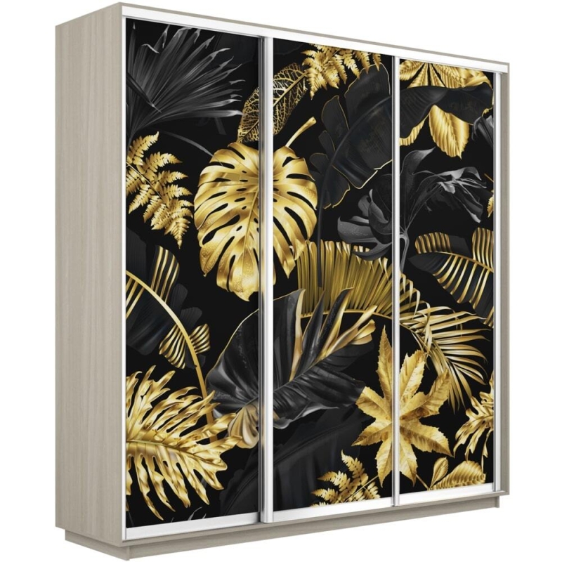Шкаф-купе Фотопечать 3дв. Листья золото, 180х60х240, Ясень шимо светлый
