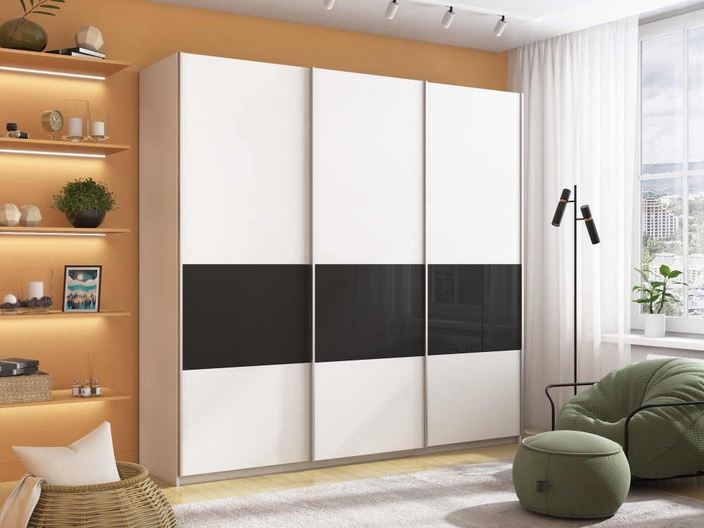 Шкаф-купе Широкий Прайм 3дв. ДСП/Стекло черное/доводчики, 240х57х230, белый стекло черное