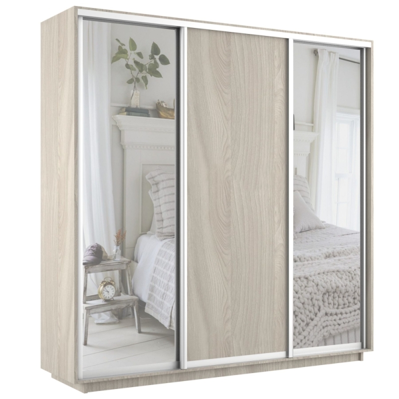 Шкаф-купе Экспресс 3дв. Зеркало/ДСП/Зеркало, 210х60х220, Ясень Шимо Светлый
