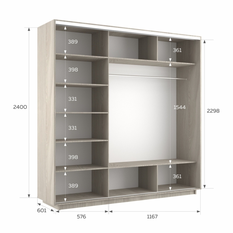 Шкаф-купе Экспресс 3дв. ДСП/Зеркало/ДСП, 180х60х240, Ясень шимо светлый