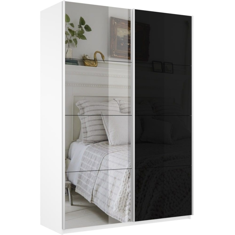 Шкаф-купе Прайм, 2дв. Зеркало/Стекло черное/доводчики, 160х57х230, Белый снег