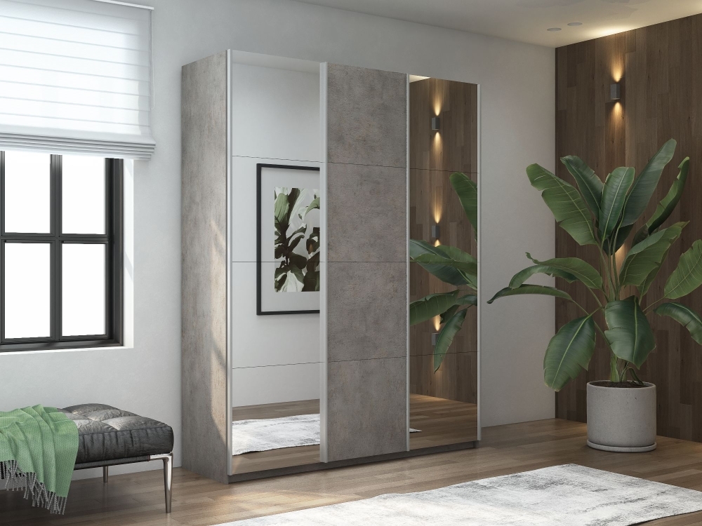 Шкаф-купе Прайм, 3дв. Зеркало/ДСП/Зеркало/доводчики, 210х57х230, Бетон