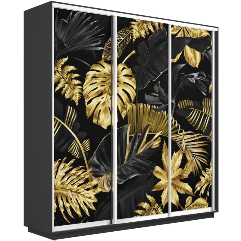Шкаф-купе Фотопечать 3дв. Листья золото, 180х45х220, Серый диамант
