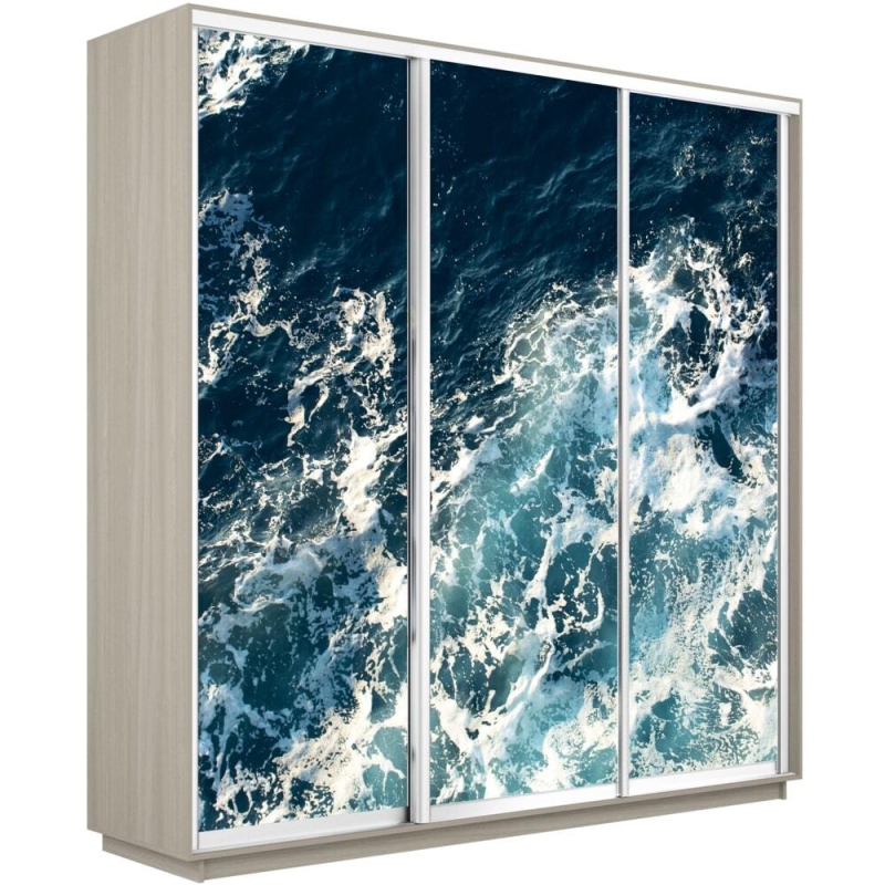 Шкаф-купе Фотопечать 3дв. Морские волны, 180х45х220, Ясень шимо светлый