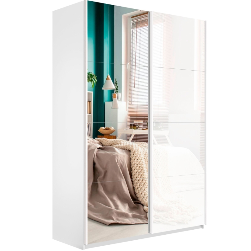 Шкаф-купе Прайм, 2дв. Зеркало/Белый Глянец/доводчики, 160х57х230, Белый снег