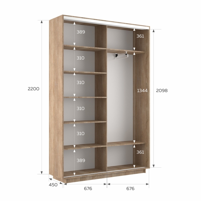 Шкаф-купе Экспресс, 2дв.-Зеркала, 140х45х220, Сонома