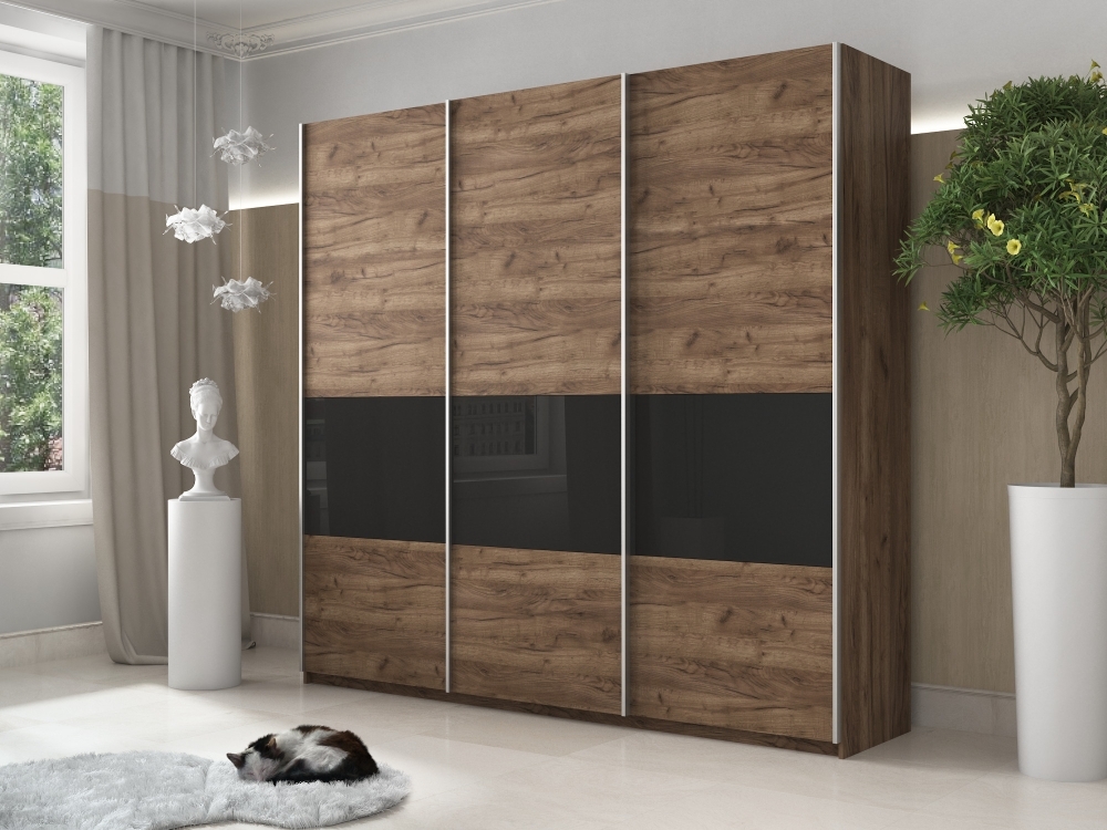 Шкаф-купе Широкий Прайм 3дв. ДСП/Стекло черное/доводчики, 240х57х230, крафт табачный стекло черное