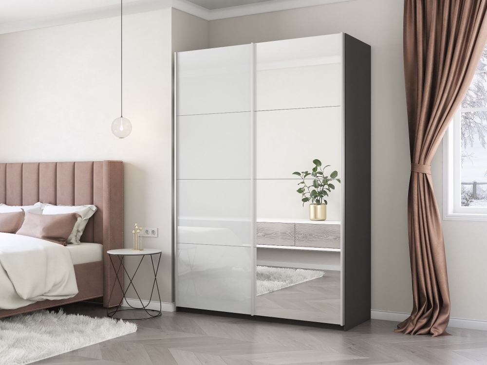 Шкаф-купе Прайм, 2дв. Зеркало/Белый Глянец/доводчики, 120х57х230, Серый диамант