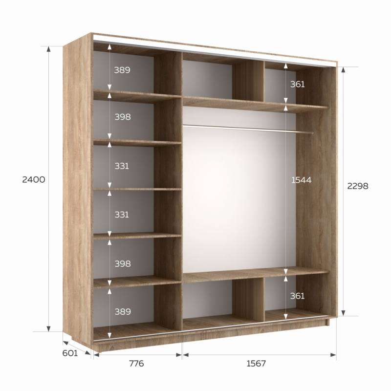 Шкаф-купе Экспресс 3дв.-зеркала, 240х60х240, Сонома