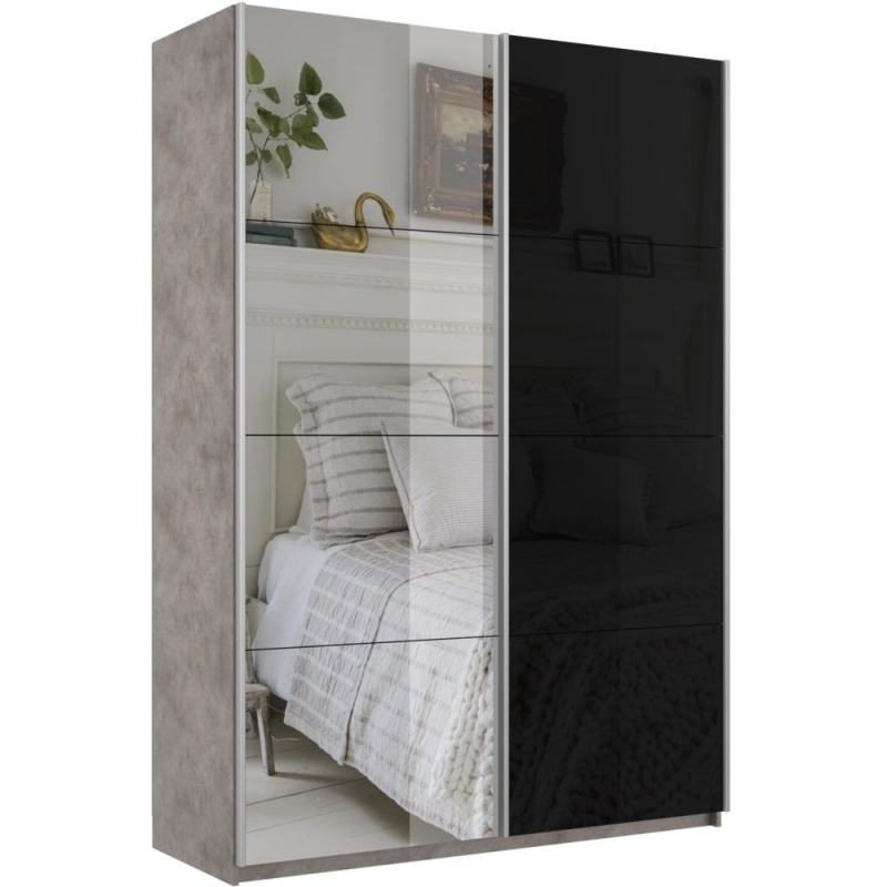 Шкаф-купе Прайм, 2дв. Зеркало/Стекло черное/доводчики, 160х57х230, Бетон