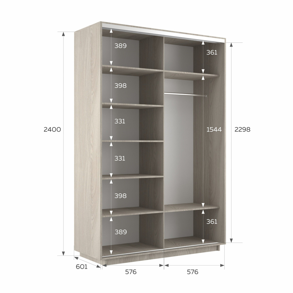 Шкаф-купе Экспресс, 2дв.-Зеркала, 120х60х240, Ясень шимо светлый