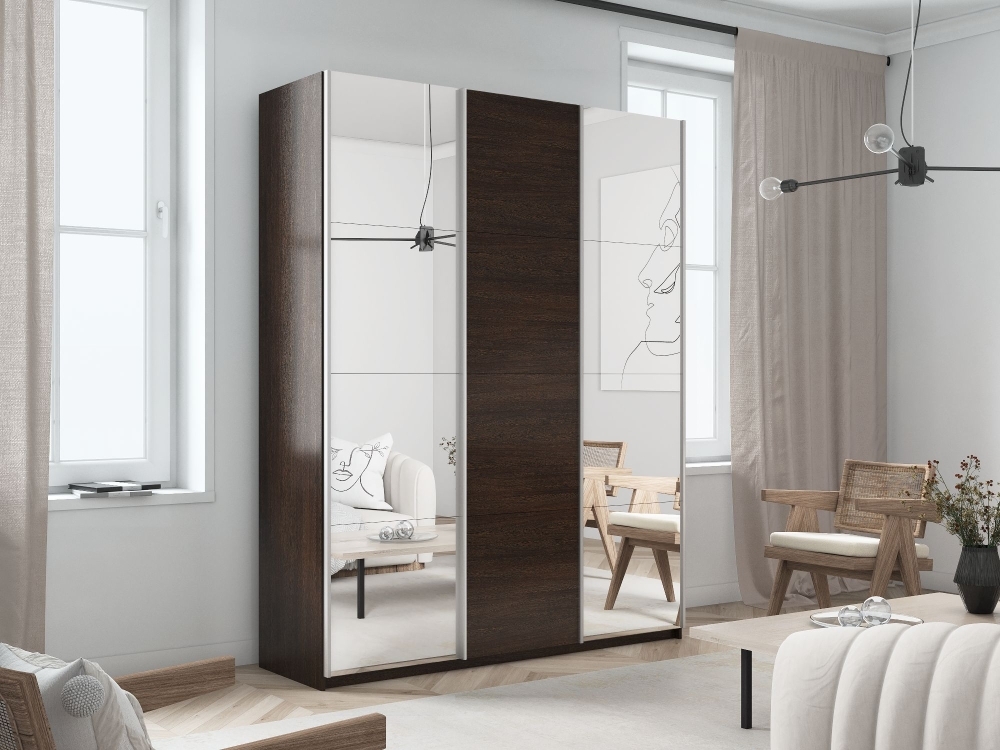 Шкаф-купе Прайм, 3дв. Зеркало/ДСП/Зеркало/доводчики, 210х57х230, Венге