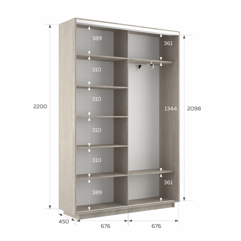 Шкаф-купе Экспресс, 2дв. ДСП/Зеркало, 140х45х220, Ясень Шимо светлый