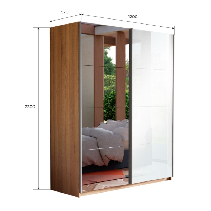 Шкаф-купе Прайм, 2дв. Зеркало/Белый Глянец/доводчики, 120х57х230, Сонома