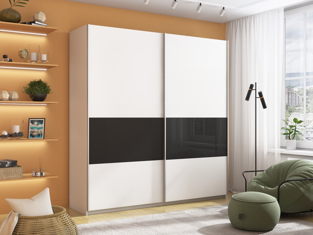 Шкаф-купе Широкий Прайм 2дв. ДСП/Стекло черное/доводчики, 220х57х230, белый стекло черное