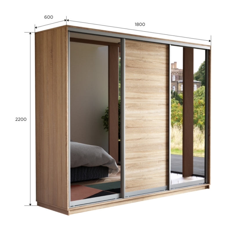 Шкаф-купе Экспресс 3дв. Зеркало/ДСП/Зеркало, 180х60х220, Сонома