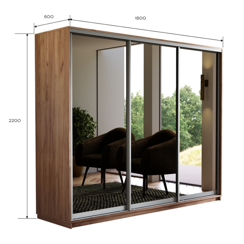 Шкаф-купе Экспресс 3дв.-зеркала, 180х60х220, Крафт табачный