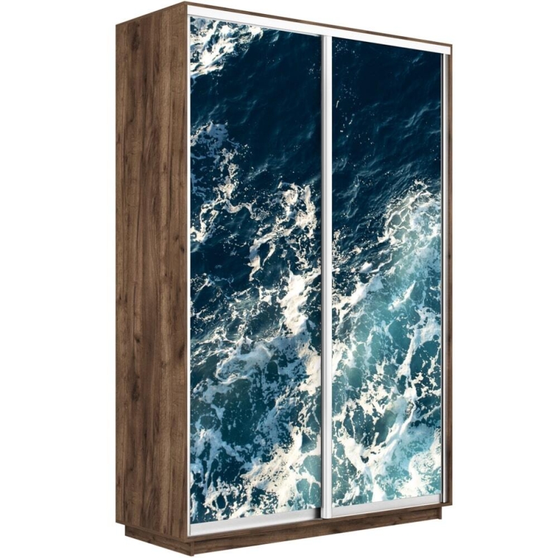 Шкаф-купе Фотопечать, 2дв. Морские волны, 160х45х220, Крафт табачный