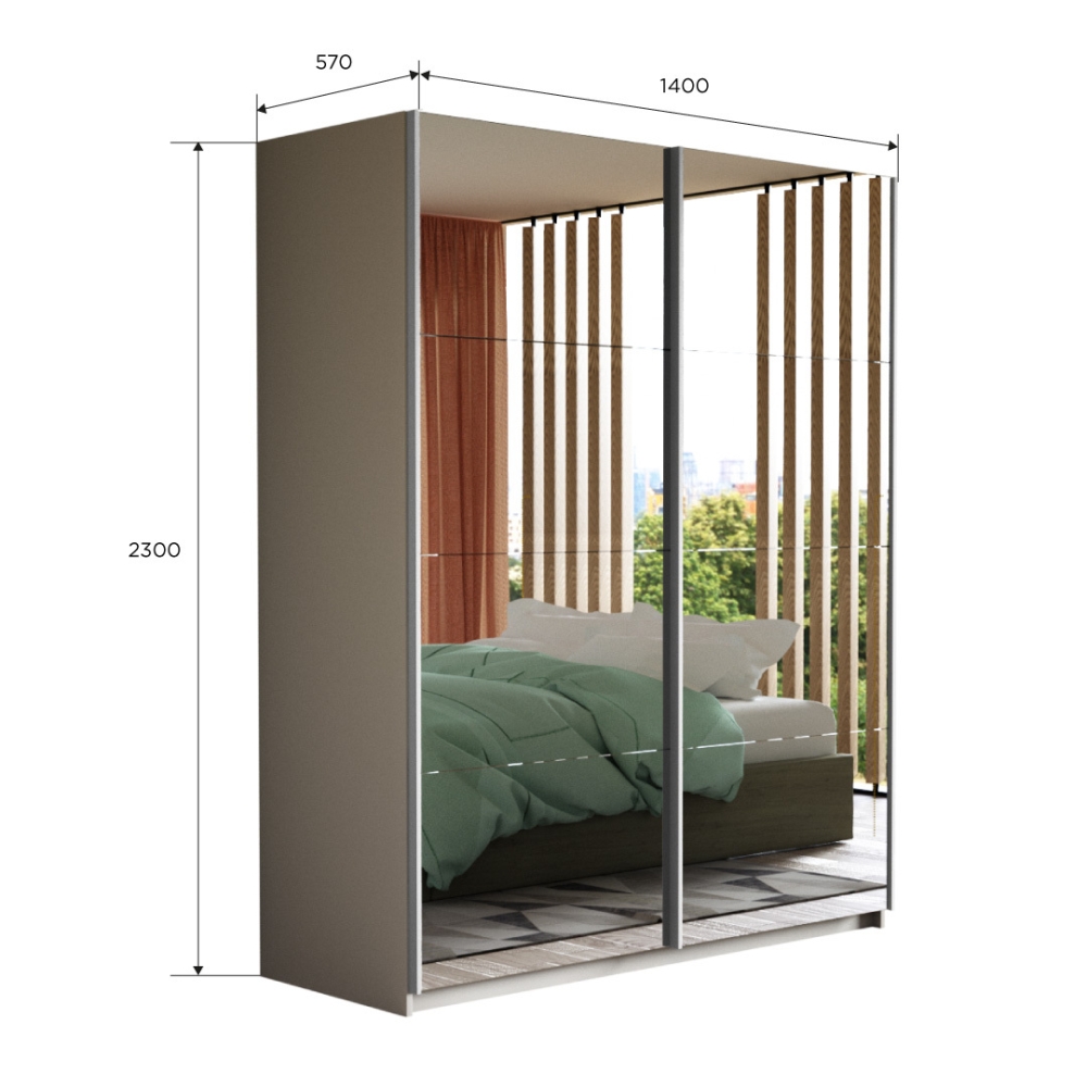 Шкаф-купе Прайм, 2дв.-Зеркало/доводчики, 140х57х230, Белый снег