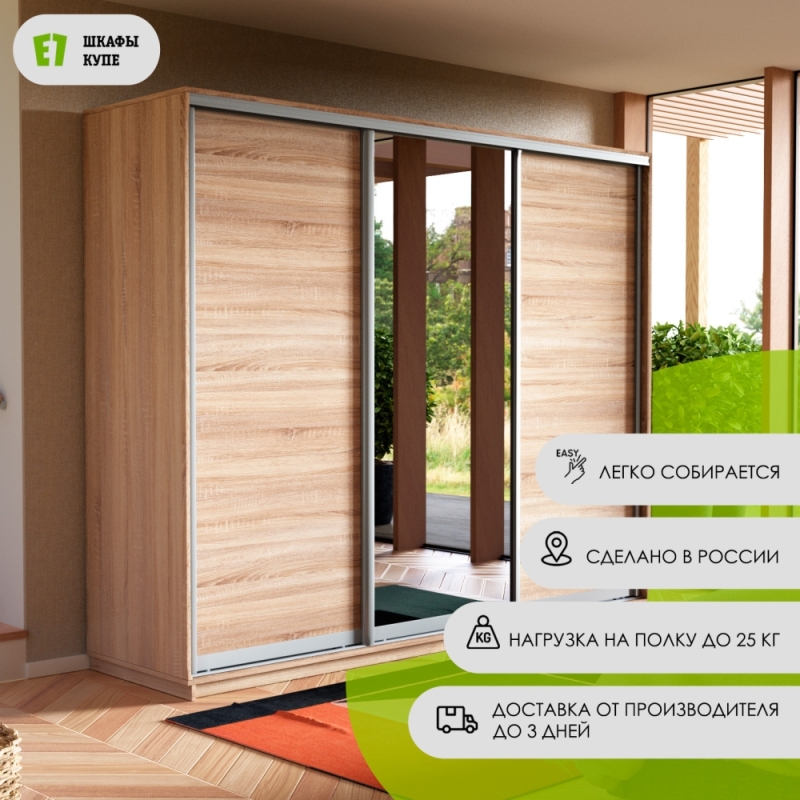 Шкаф-купе Экспресс 3дв. ДСП/Зеркало/ДСП, 180х60х240, Сонома