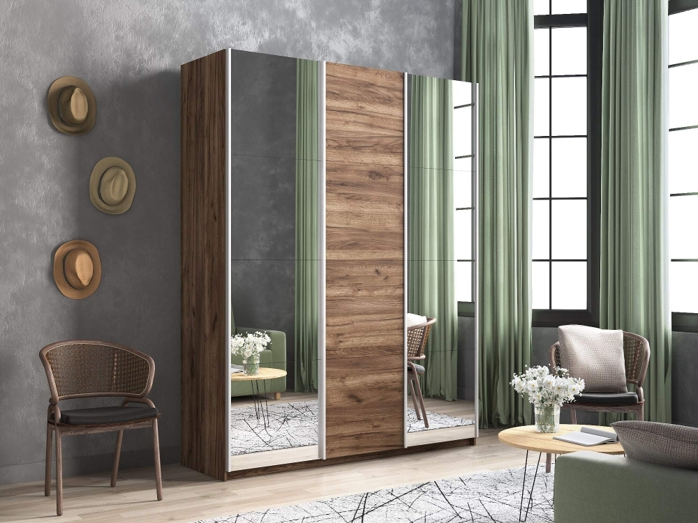 Шкаф-купе Прайм, 3дв. Зеркало/ДСП/Зеркало/доводчики, 180х57х230, Крафт табачный