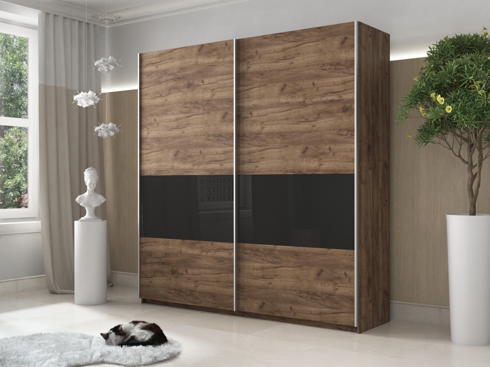 Шкаф-купе Широкий Прайм 2дв. ДСП/Стекло черное/доводчики, 220х57х230, крафт табачный стекло черное