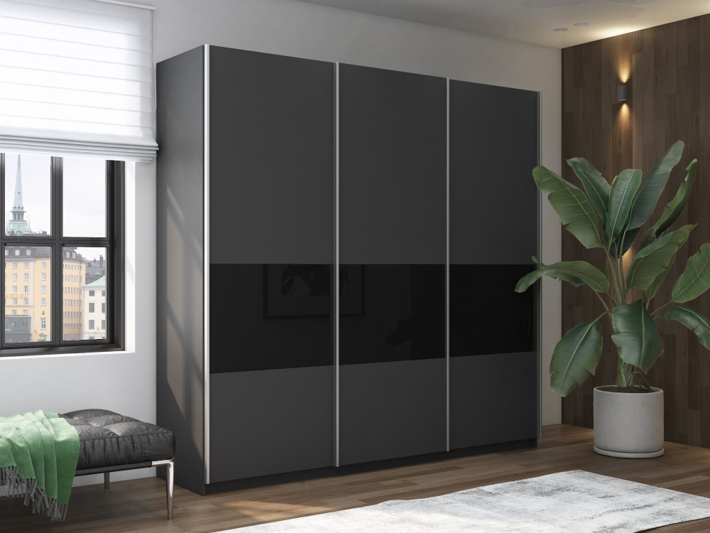 Шкаф-купе Широкий Прайм 3дв. ДСП/Стекло черное/доводчики, 240х57х230, Серый диамант стекло черное