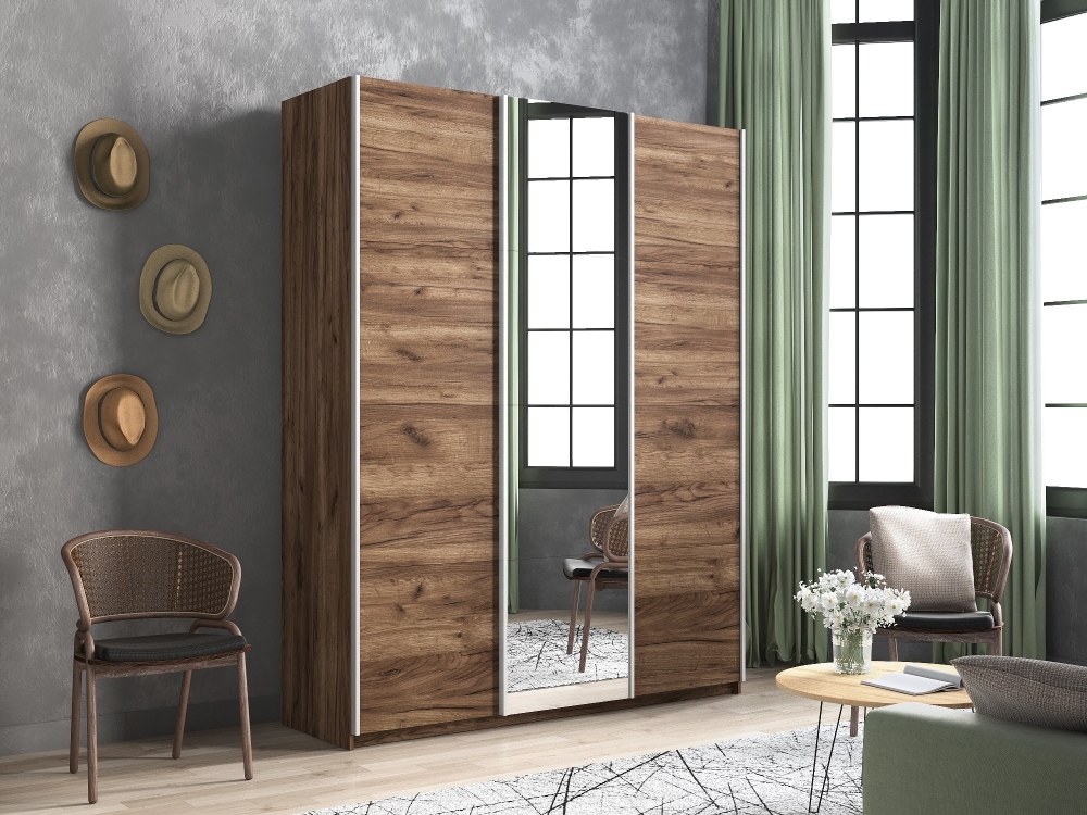 Шкаф-купе Прайм, 3дв. ДСП/Зеркало/ДСП/доводчики, 180х57х230, Крафт табачный