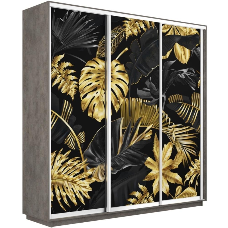 Шкаф-купе Фотопечать 3дв. Листья золото, 180х45х240, Бетон