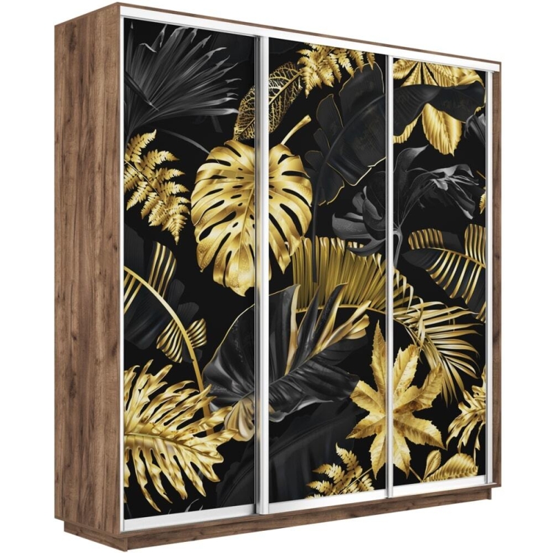 Шкаф-купе Фотопечать 3дв. Листья золото, 180х60х220, Крафт табачный