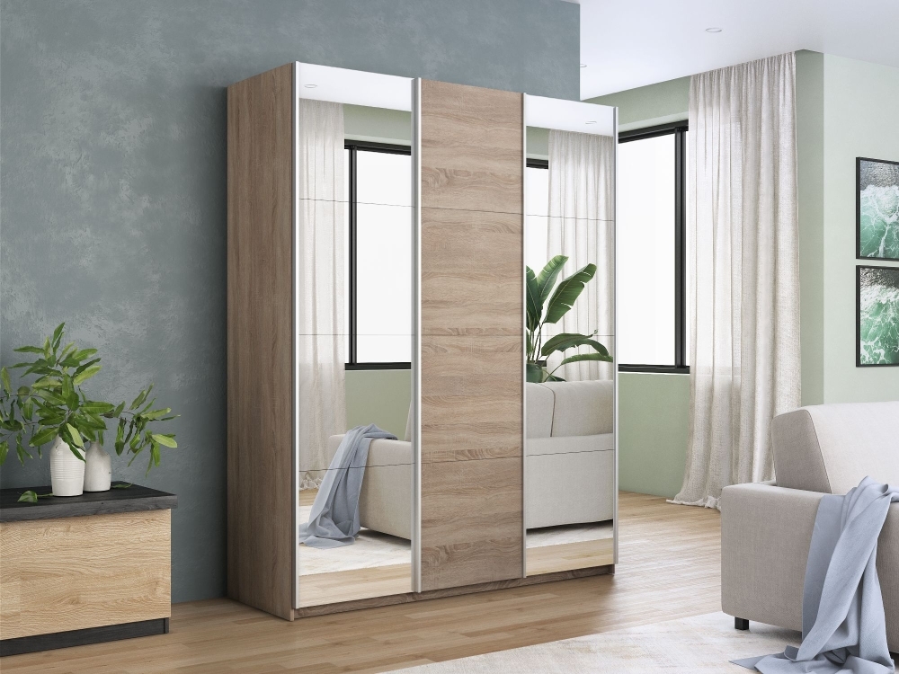 Шкаф-купе Прайм, 3дв. Зеркало/ДСП/Зеркало/доводчики, 210х57х230, Сонома