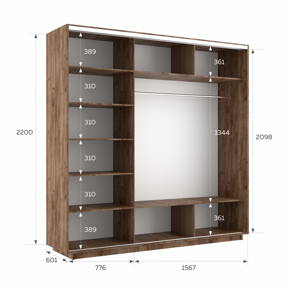 Шкаф-купе Экспресс 3дв. ДСП/Зеркало/ДСП, 240х60х220, Дуб табачный